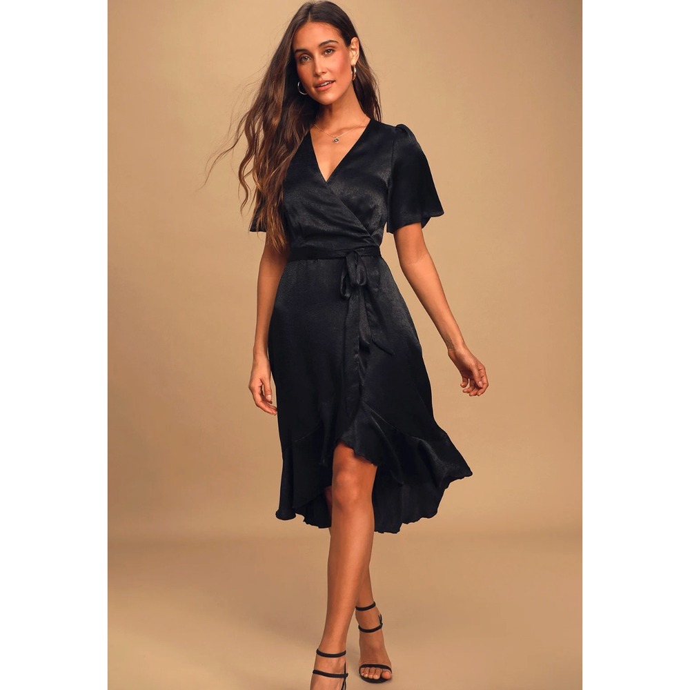 Lulus Wrapped Up In Love Black Satin Faux Wrap Midi Dress Womens Medium